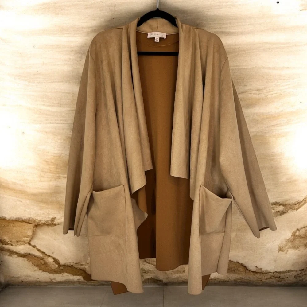 PHILOSOPHY WOMAN Plus Waterfall Jacket‎ Faux Tan Leather/Suede Patch Pockets 3X